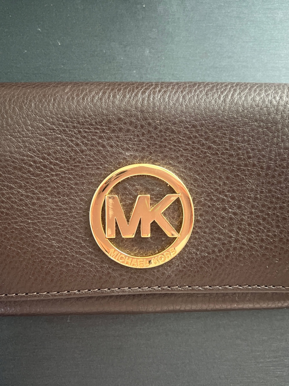 Michael Kors Dark Brown Leather Card Holder with Gold MK Emblem